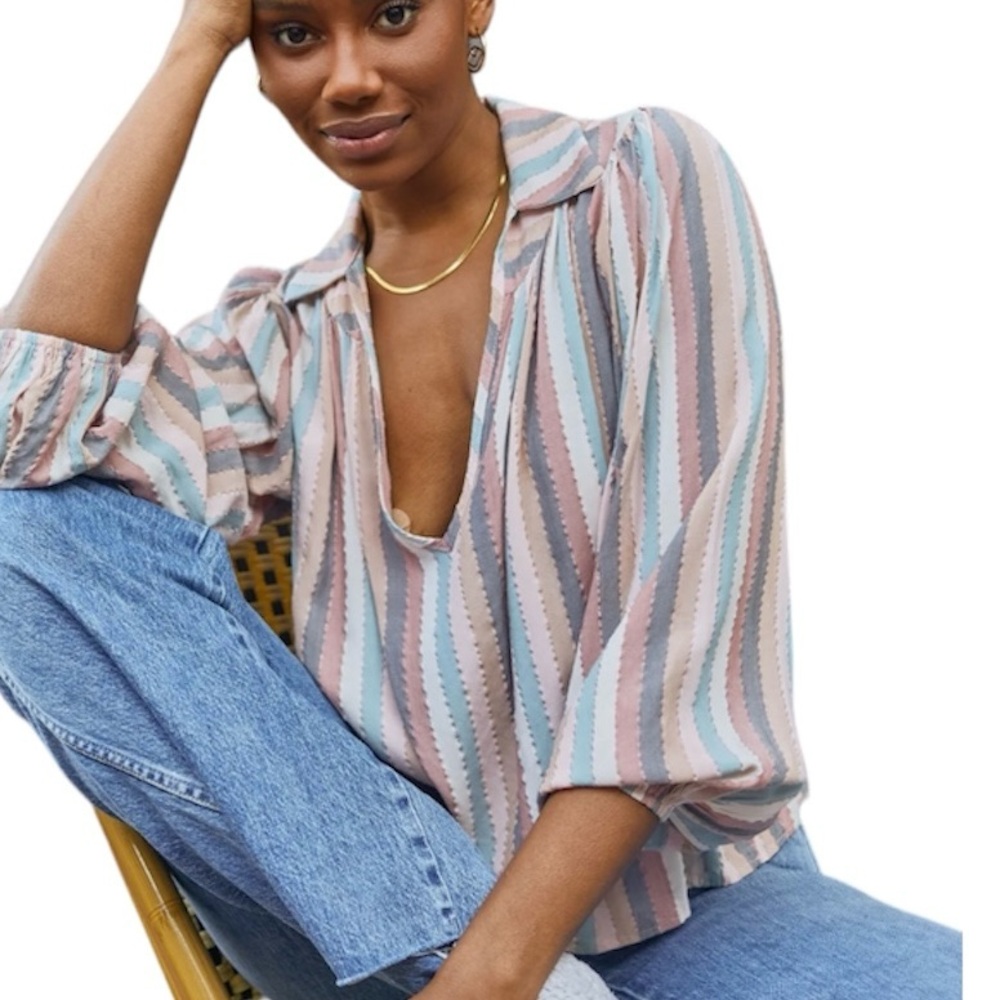 Blush Multicolored Rainbow Striped Metallic Blouse Vneck Polo S Relaxed Fit